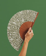 A hand holding the open Mediterranean Soul hand fan against a green background