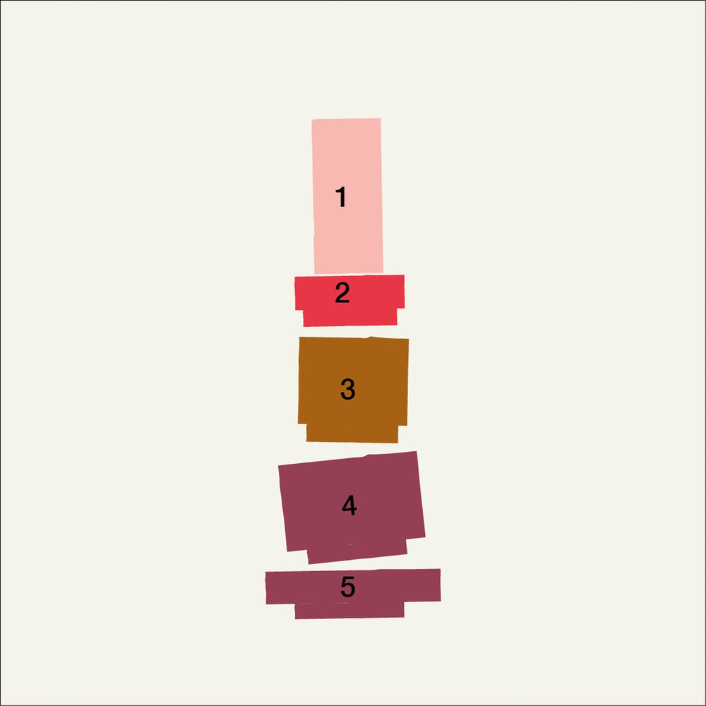 Prikaz pet modula Stack 03 Burgundy označenih brojevima od 1 do 5